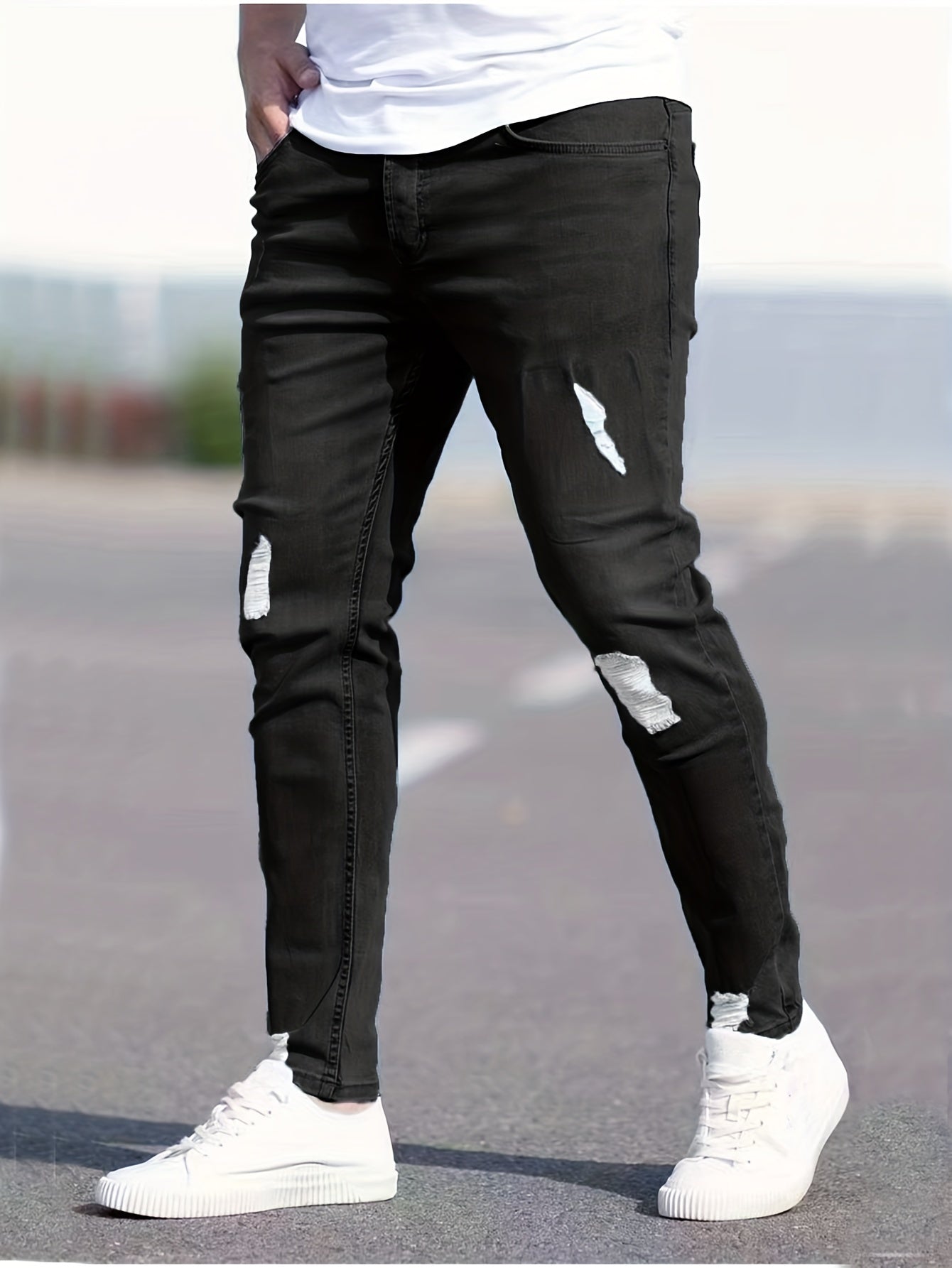 Slim Fit Ripped Jeans Mens Distressed Stretch Denim Pants