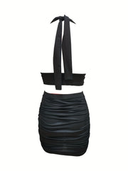 Solid Stretchy Party Two Piece Set Halter Neck Sleeveless Tops & Pleated Bag Hip