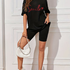 Smile Print Loose Top & Solid Leggings Set