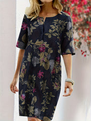Floral Print Half Sleeve Notched Neck Dress