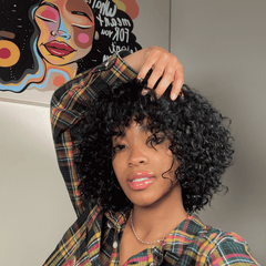 Long Lasting Kinky Curly Human Hair Wig with Bangs for Women