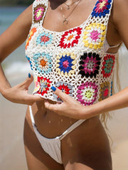 Knitted Flower Cover Up Top Square Neck