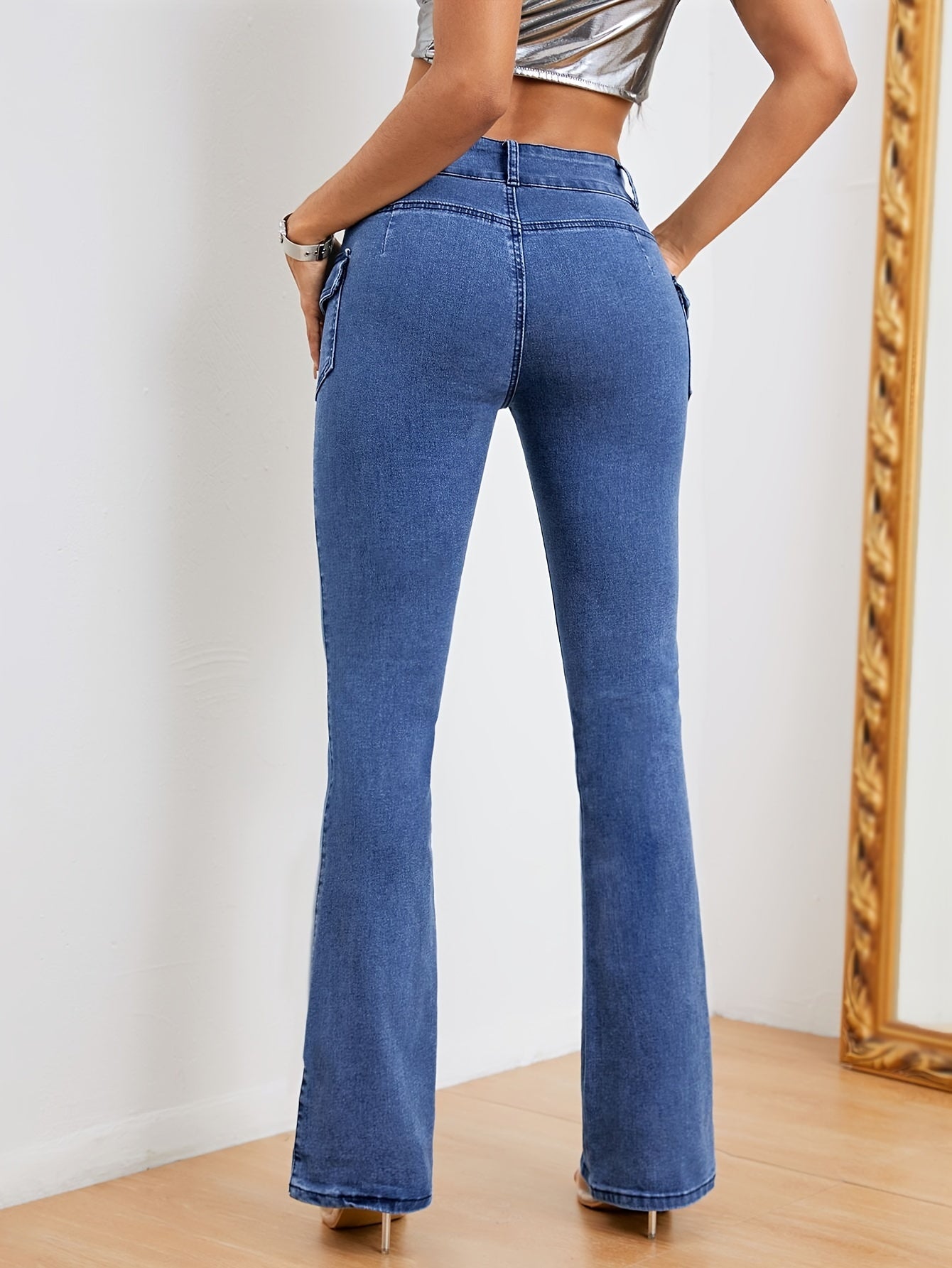 Cargo Flare Jeans High Stretch Mid Waist Bell Bottom Jeans Women's Denim