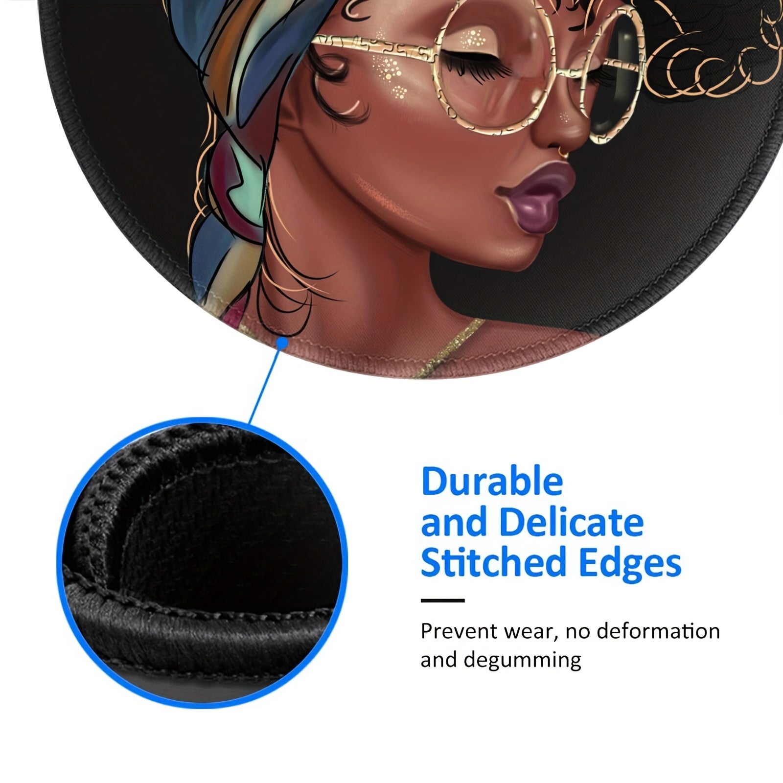Afro American Girls Round Mouse Pad Non Slip Rubber Base Waterproof