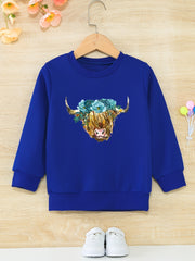 Floral Cow Graphic Girls Round Neck Sweatshirt