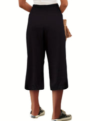 Solid Shirred Wide Leg Capris Pants Casual Loose Pants