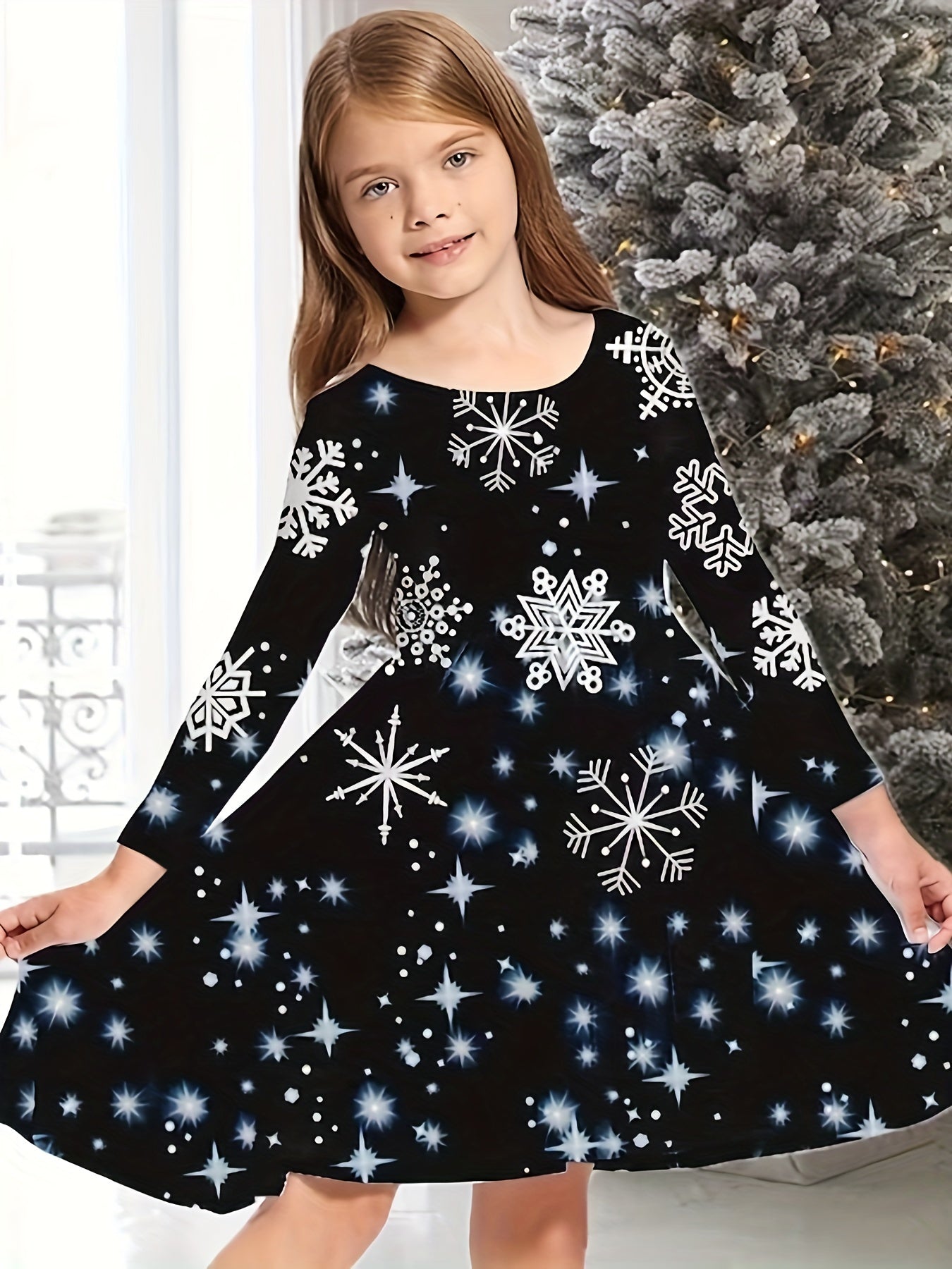 Snowflake Graphic Long Sleeve Dress Girls Christmas Party