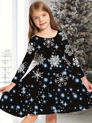 Snowflake Graphic Long Sleeve Dress Girls Christmas Party