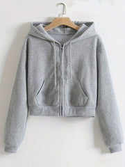 Hooded Sports Sweatshirt Zipper Up Long Sleeve Crop Hoodie