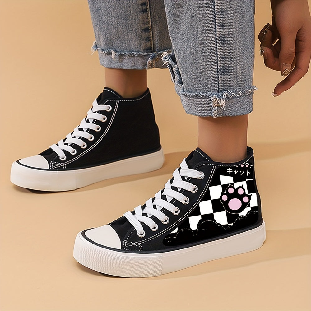 Cat Paw & Checkerboard High Top Canvas Shoes