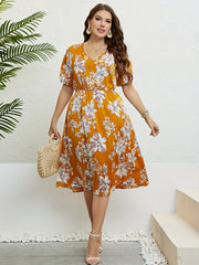 Floral Print V Neck Puff Sleeve Nipped Waist Plus Size Summer Dress