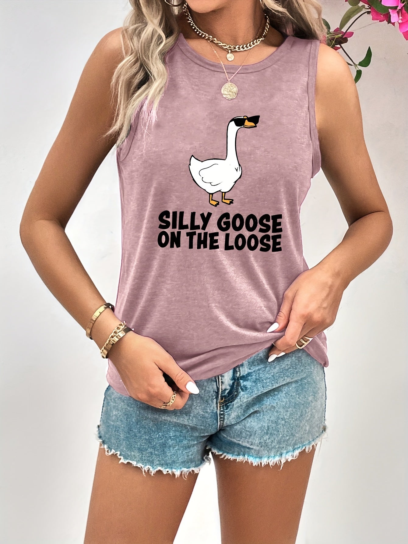 Goose Print Tank Top Sleeveless Crew Neck Women's Clothing