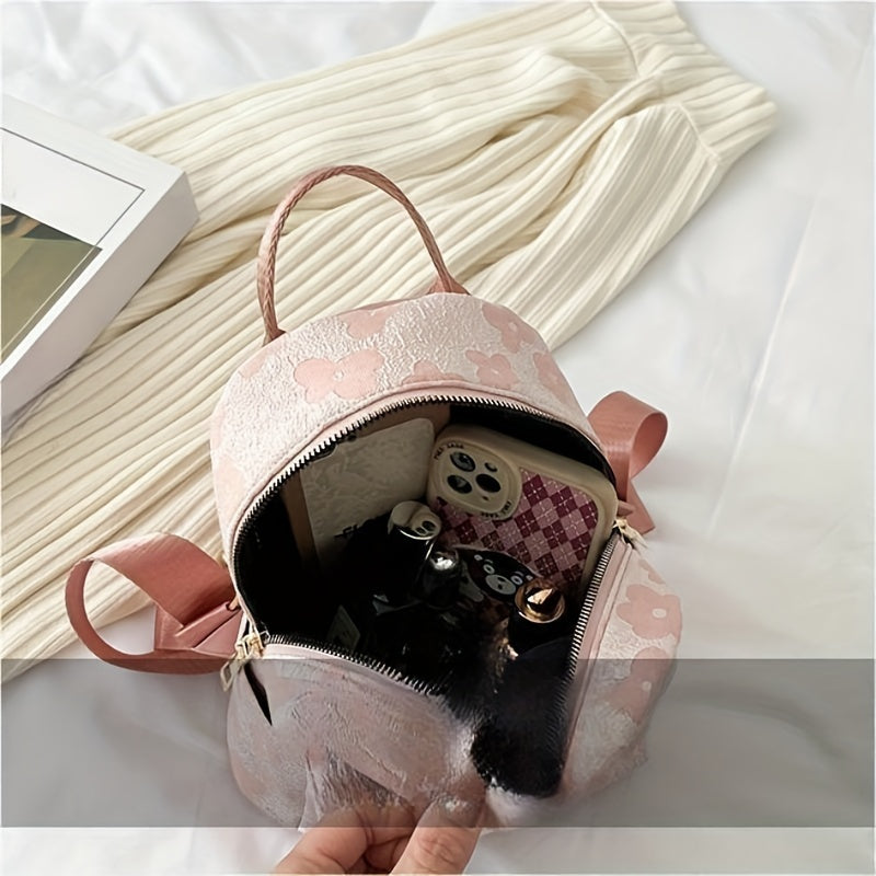 Mini Flower Jacquard Backpack Canvas School Bag Women's Sweet Daypack
