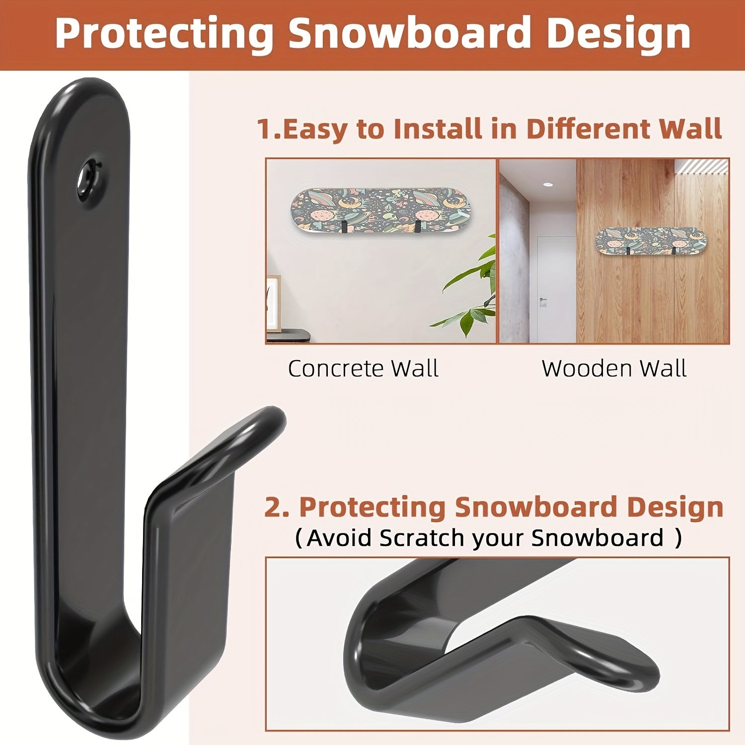 Horizontal Snowboard Wall Mount Clips, Snowboard Storage Rack