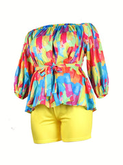 Funny Print Off Shoulder Top & Shorts Two Piece Set
