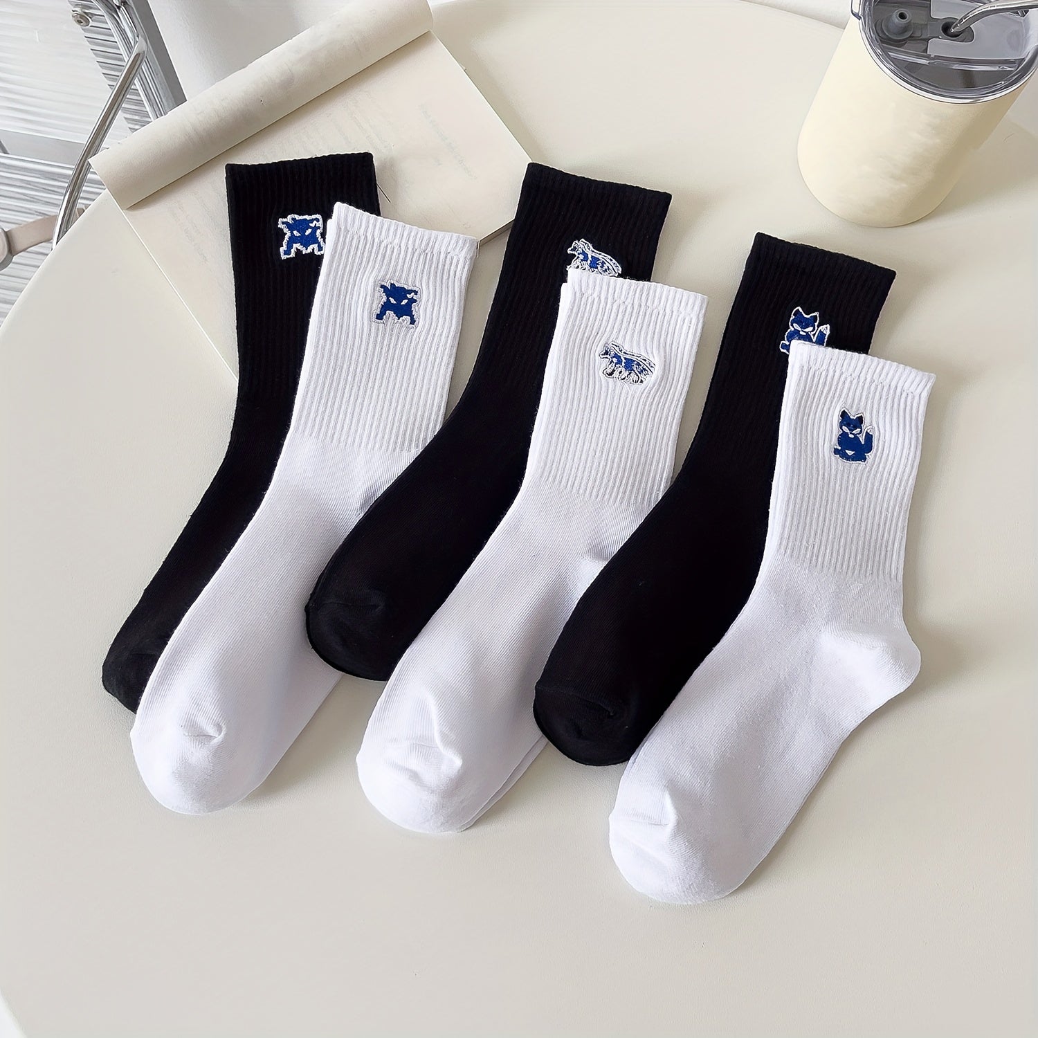 6 Pairs Fox Embroidery Socks - Comfy & Breathable Mid Tube Women's Stockings