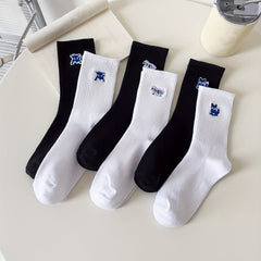 6 Pairs Fox Embroidery Socks - Comfy & Breathable Mid Tube Women's Stockings