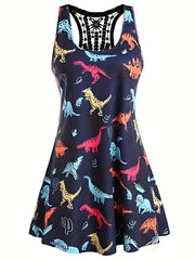 Dinosaur Print Casual Tank Dress with Lace Panel