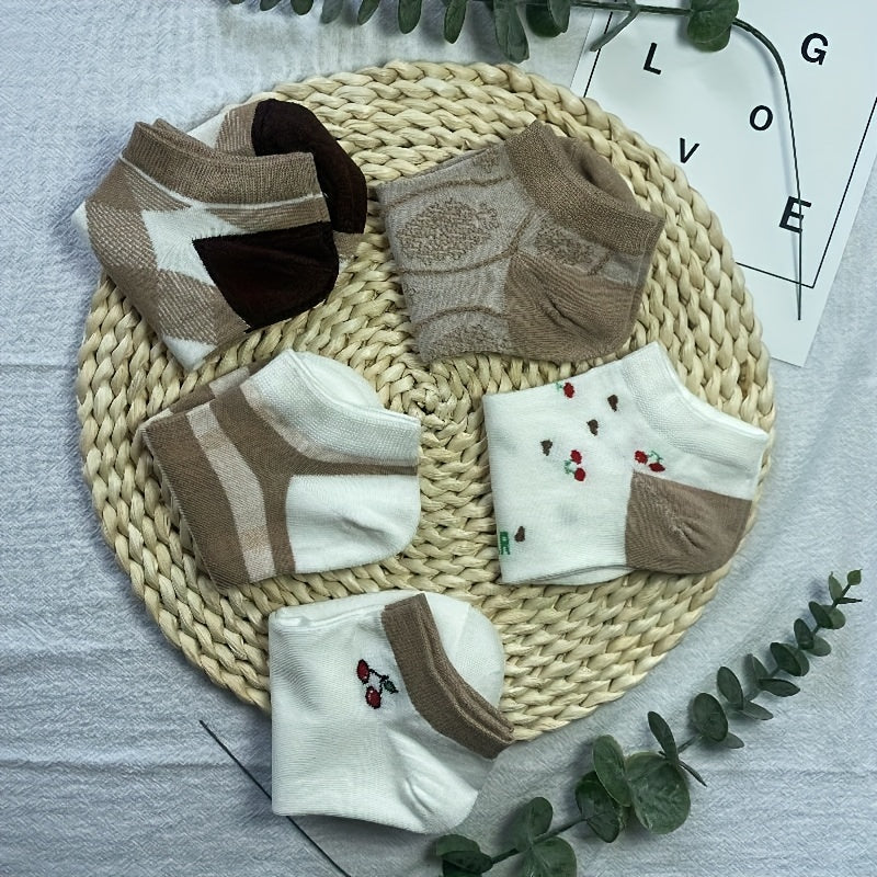 5 Pairs Cherry & Striped Print Low Cut Ankle Socks Women's Stockings