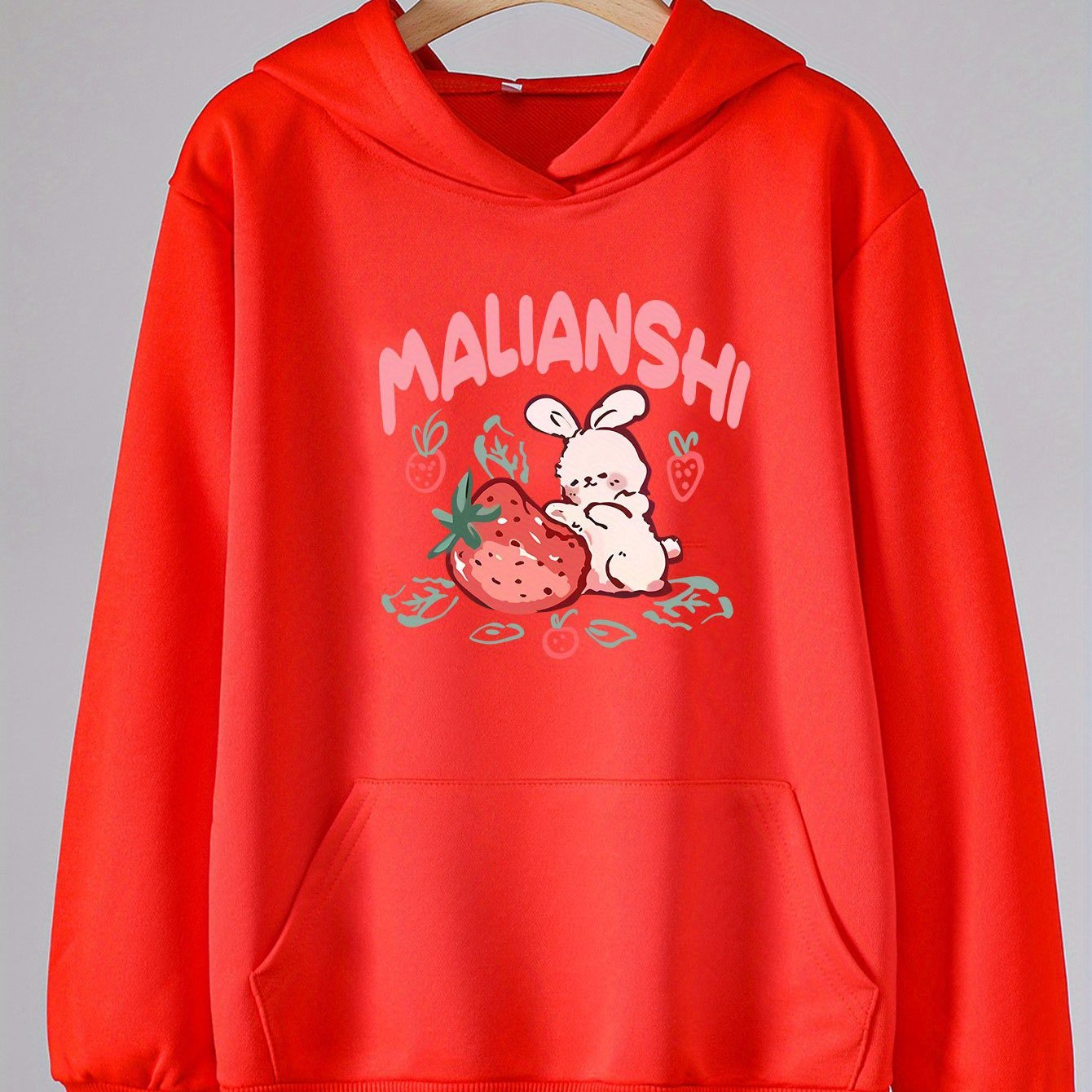 Girls Rabbit & Strawberry Pattern Hooded Sweatshirt for Spring & Autumn