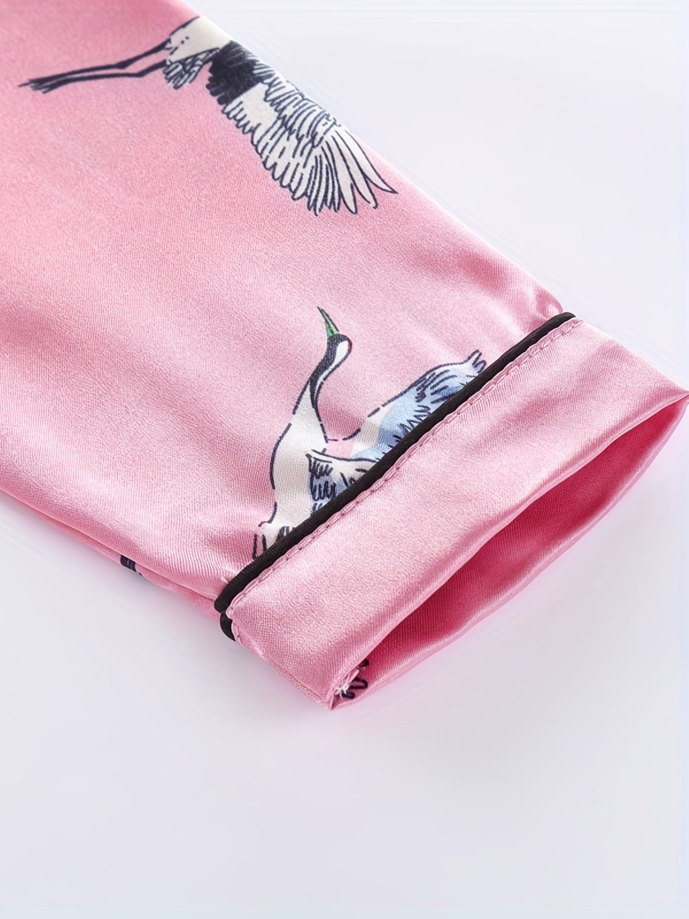 Girls 2pcs Pajamas Top & Pants Crane Print Long Sleeve Button Front PJ Set