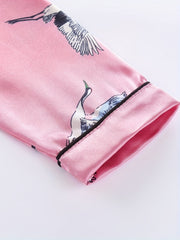 Girls 2pcs Pajamas Top & Pants Crane Print Long Sleeve Button Front PJ Set