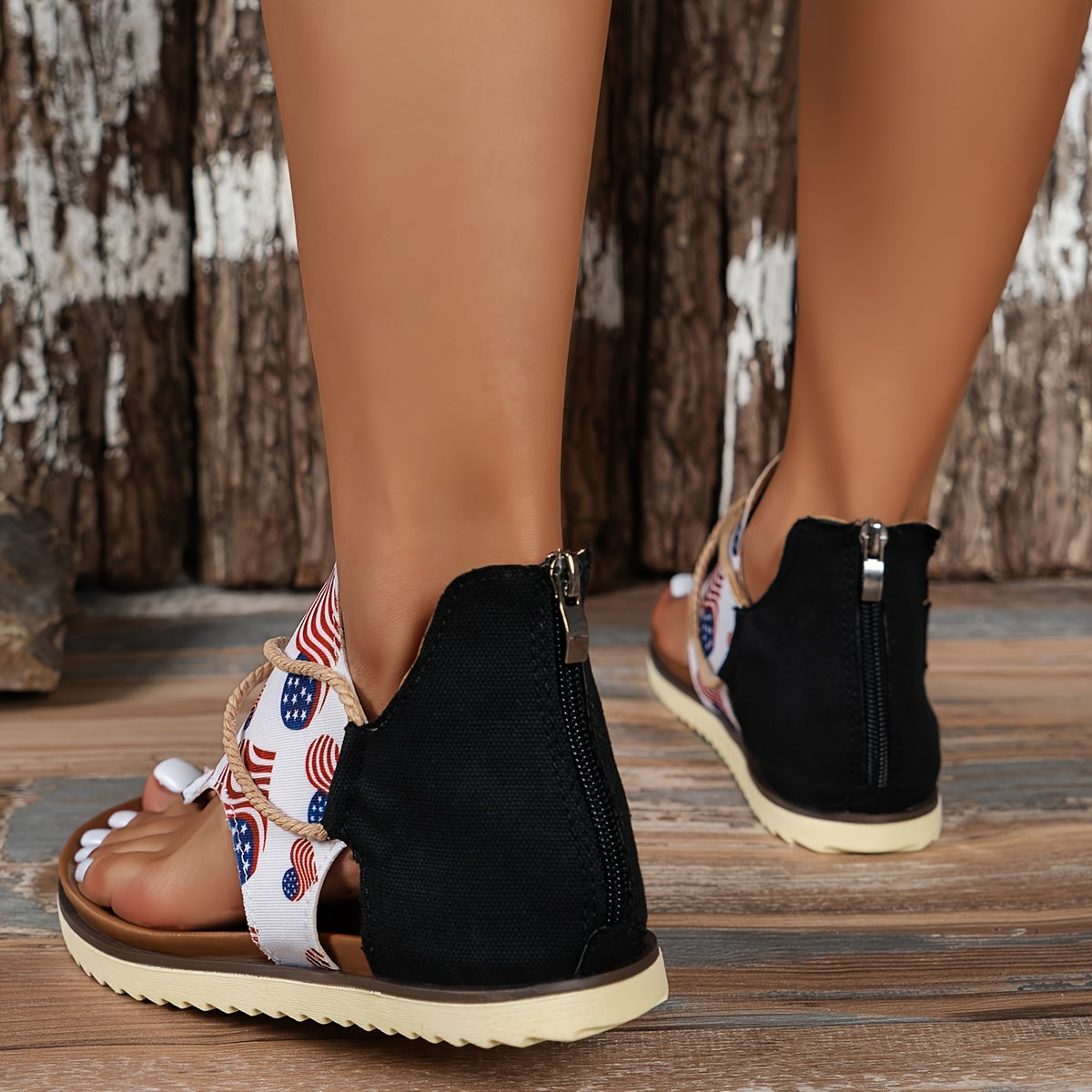 Women's Heart American Flag Flat Sandals, Comfy Sports Thong Sandals