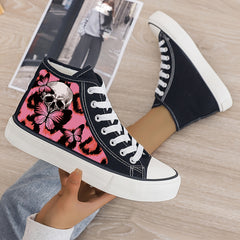 Skull & Butterfly Print Plush Lined Thermal Chunky Canvas Sneakers
