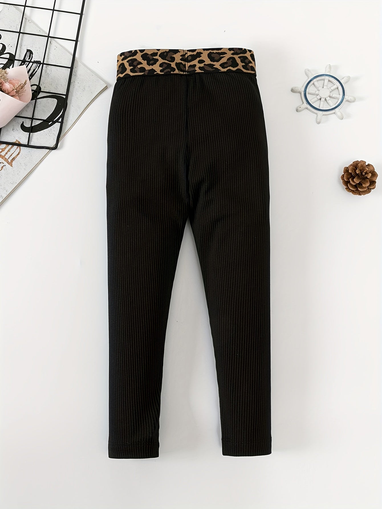 Girl's High Waist Leggings with Leopard Waistband