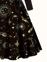 Sun & Moon Print Knot Front Long Sleeve A line Dress