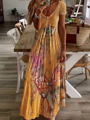 Butterfly Print V Neck Dress Short Sleeve Casual Dress for Spring & Summer