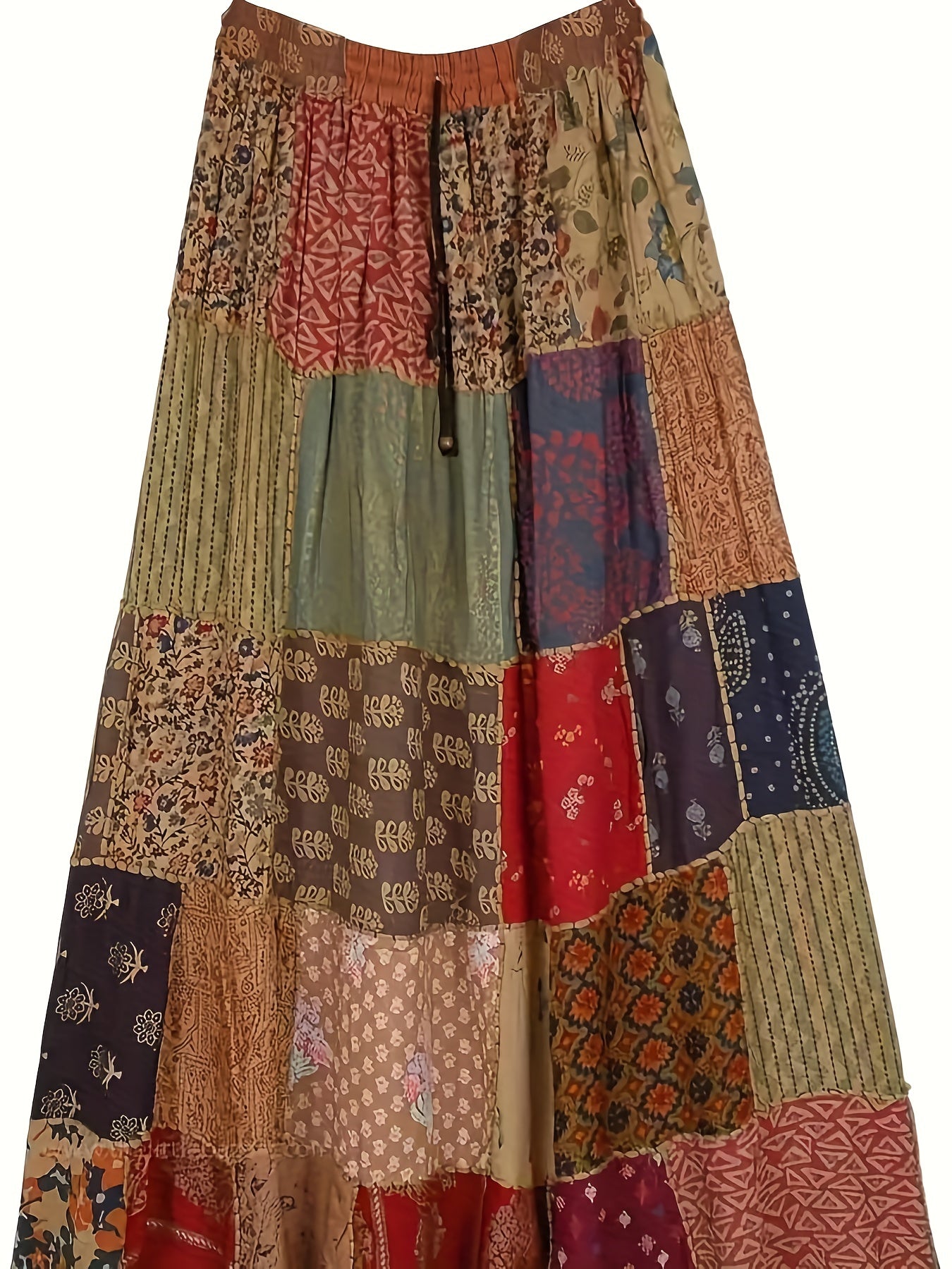 Plus Size Boho Skirt Patchwork Floral Print Drawstring Waist Maxi Skirt