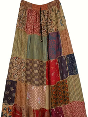 Plus Size Boho Skirt Patchwork Floral Print Drawstring Waist Maxi Skirt