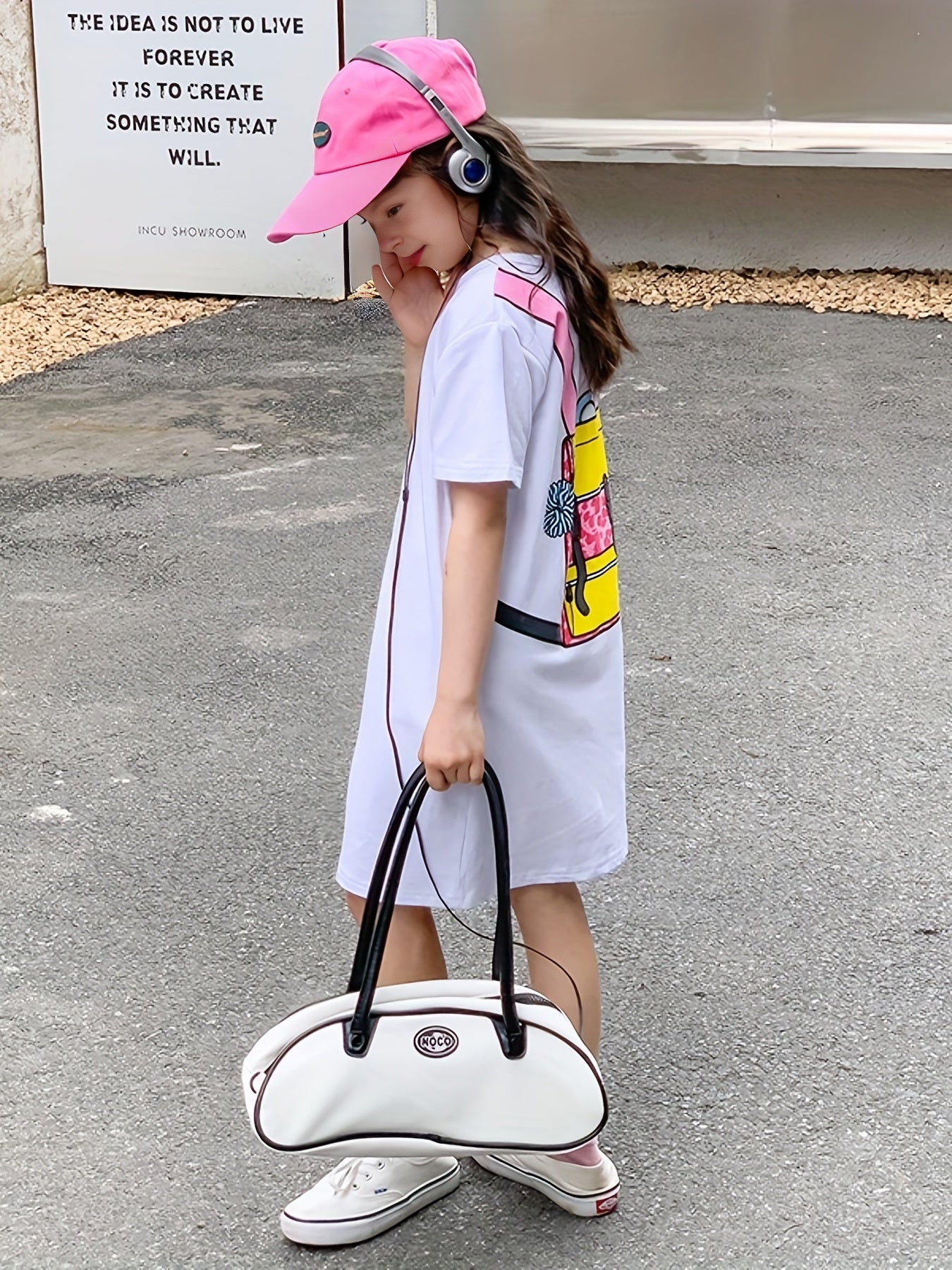 Girl's Backpack Pattern Dress Casual Cotton Short Sleeve Loose Dress