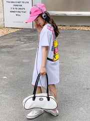 Girl's Backpack Pattern Dress Casual Cotton Short Sleeve Loose Dress