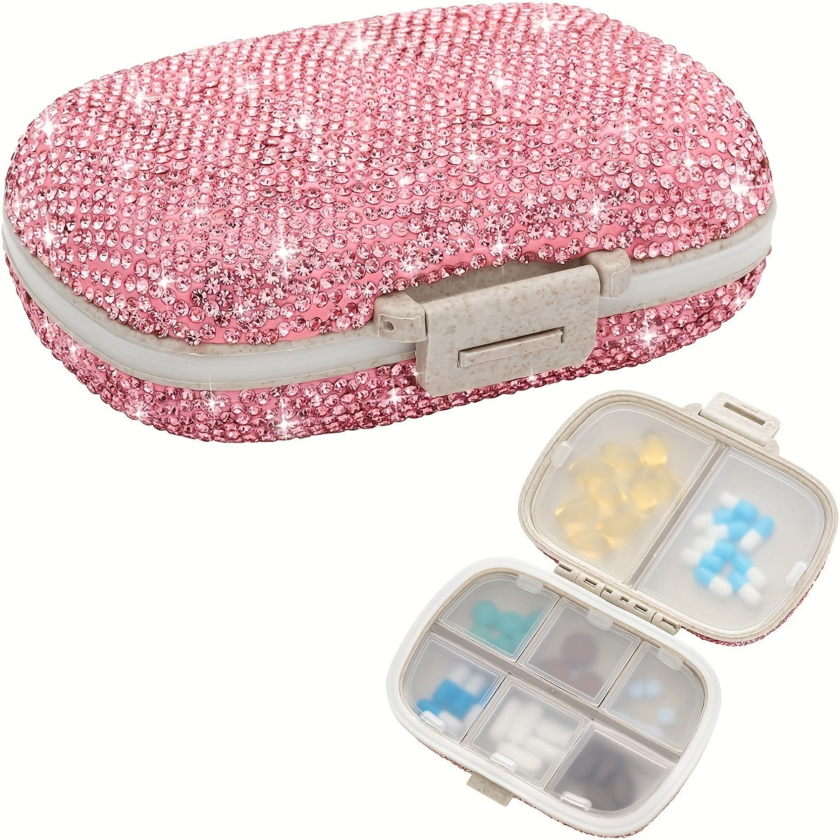 8 Compartment Pill Organizer with Diamond Travel Medicine Case 1 Pack