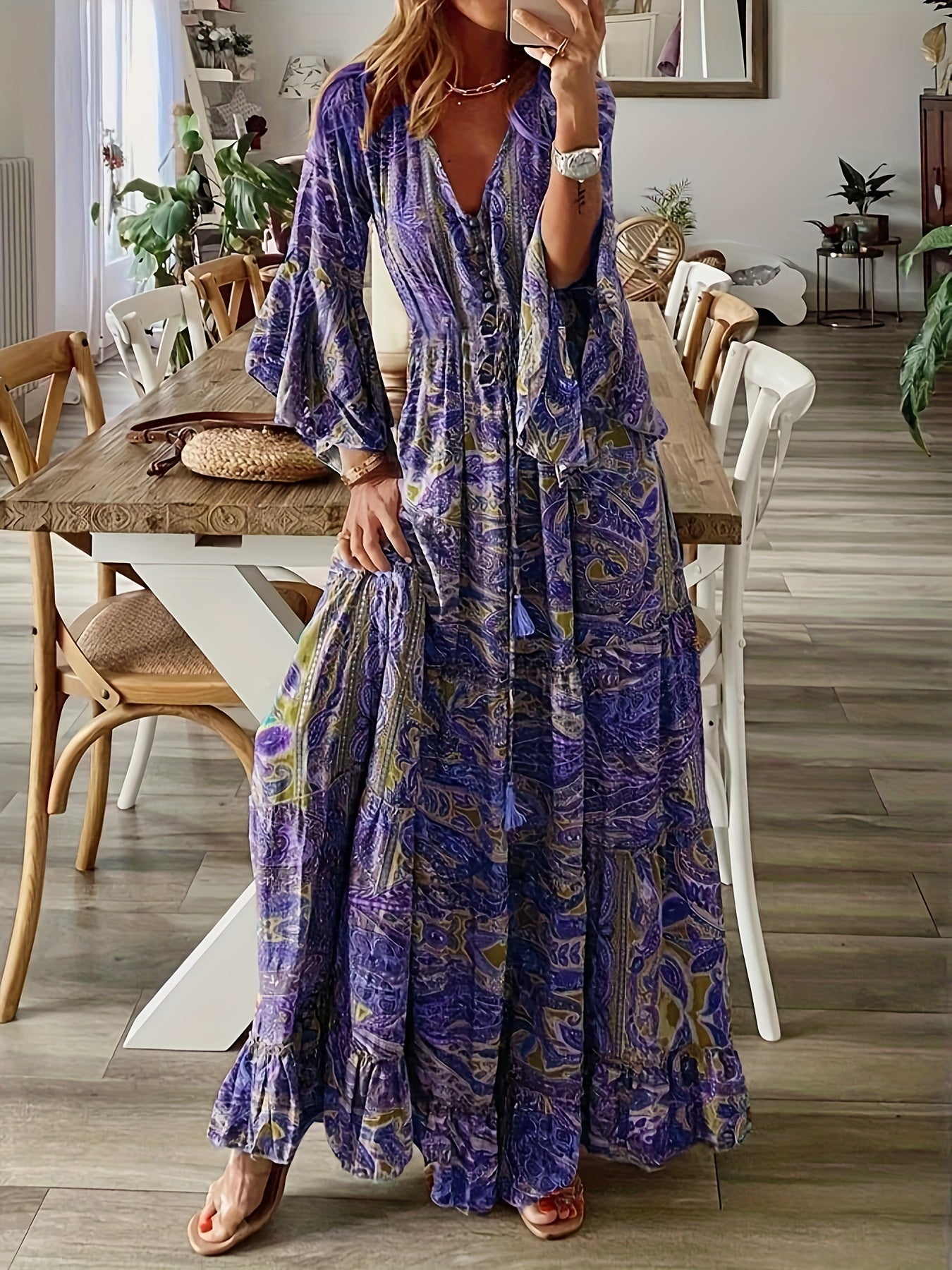 Plus Size Boho Dress Women's Paisley Floral Bell Sleeve V Neck Maxi