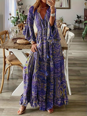 Plus Size Boho Dress Women's Paisley Floral Bell Sleeve V Neck Maxi