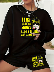 2 Piece Set Women's Slogan & Cartoon Print Sweatshirt & Shorts