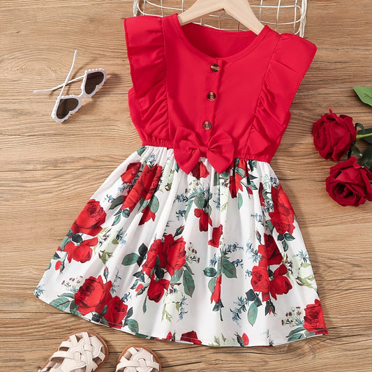 Girls Sleeveless Ruffles Crew Neck Button Flowers Print Bow Decor Princess Dress