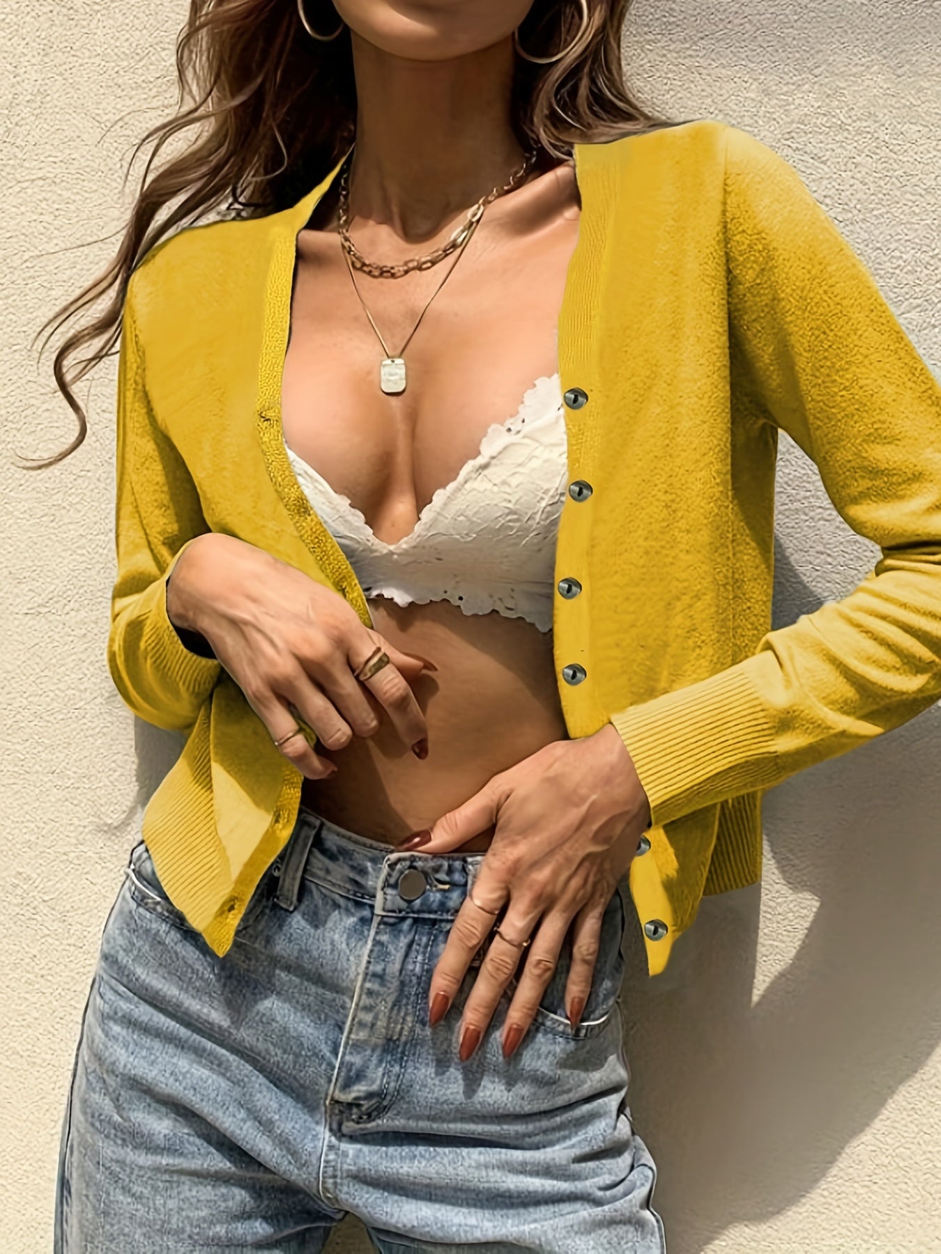 Button Front Knit Cardigan Solid Long Sleeve Sweater