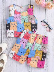 Kids Summer Cartoon Cat Tank Crop Top & Shorts Set