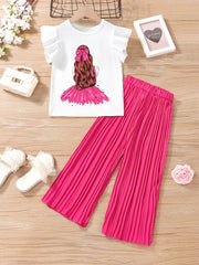 Anime Girl Ruffle Sleeve T-shirt & Pants Set for Summer