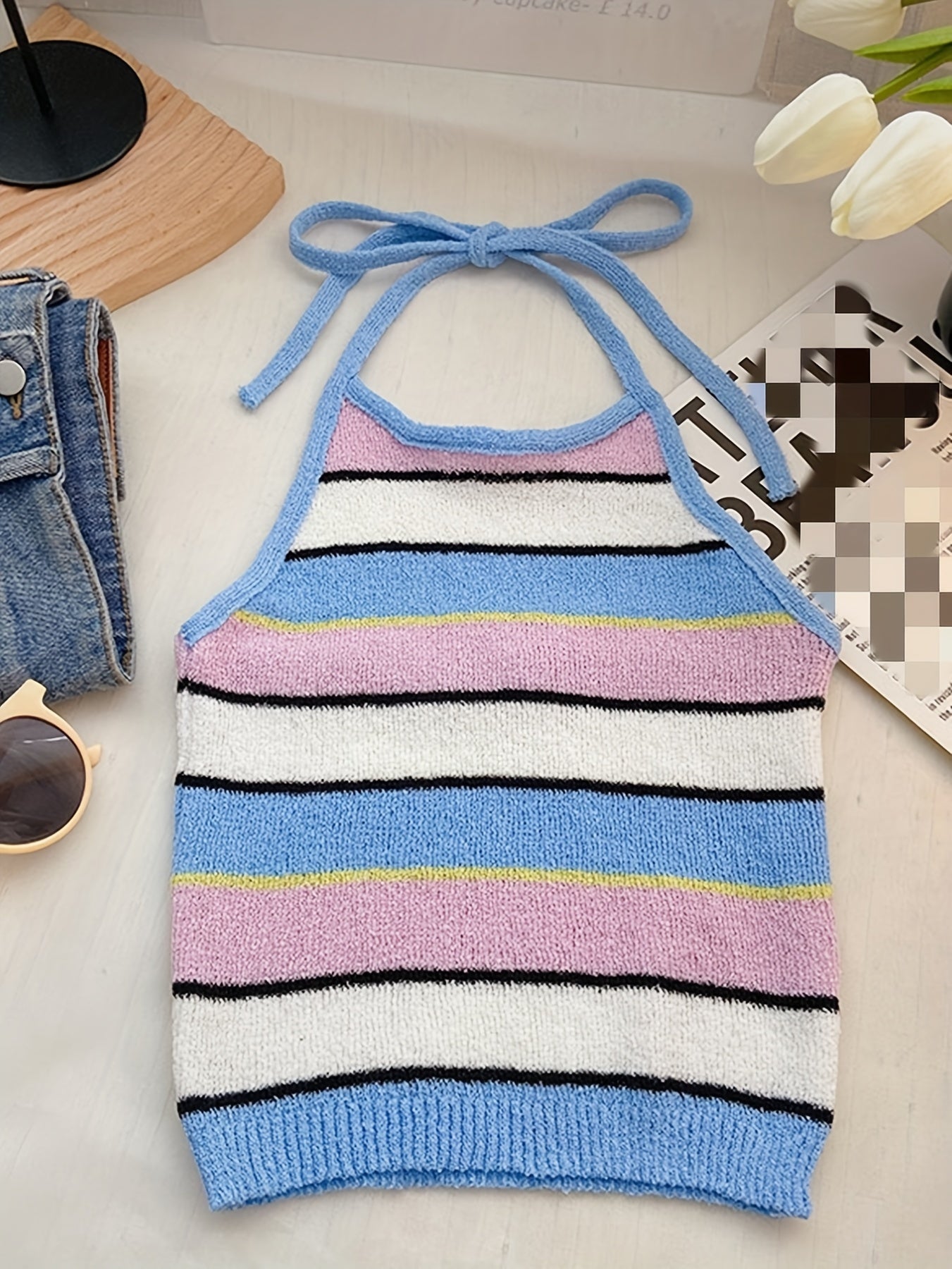 Colorblock Stripe Print Halter Top Sleeveless Tie Back Summer Casual Top