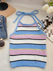 Colorblock Stripe Print Halter Top Sleeveless Tie Back Summer Casual Top