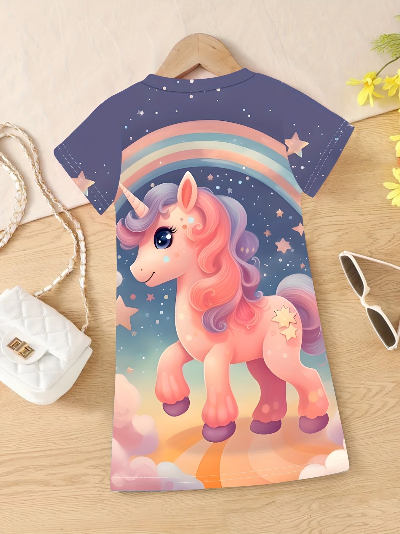 Girls 3D Unicorn Graphic Crew Long Sleeve Dress for Spring Fall