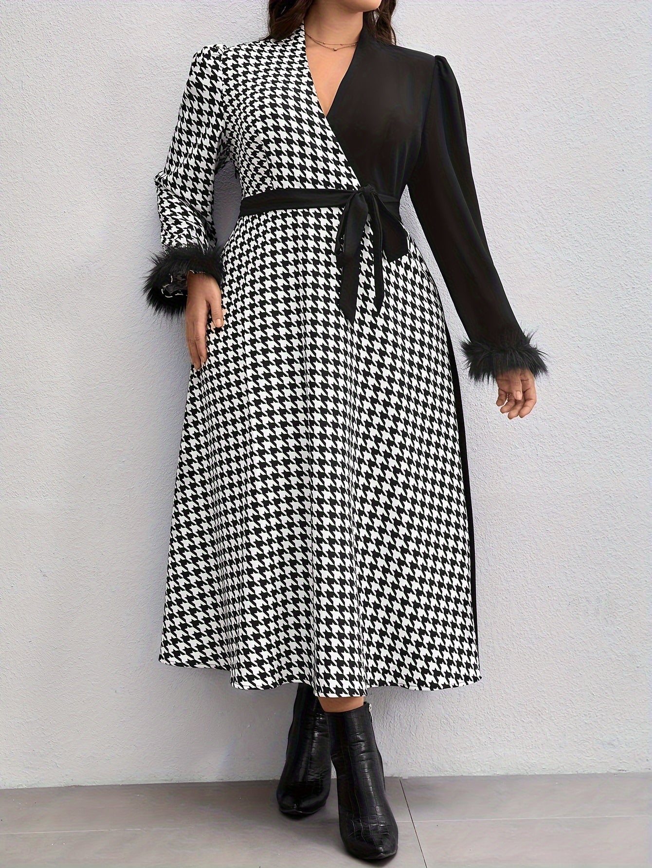 Colorblock Houndstooth Print Maxi Dress