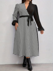 Colorblock Houndstooth Print Maxi Dress