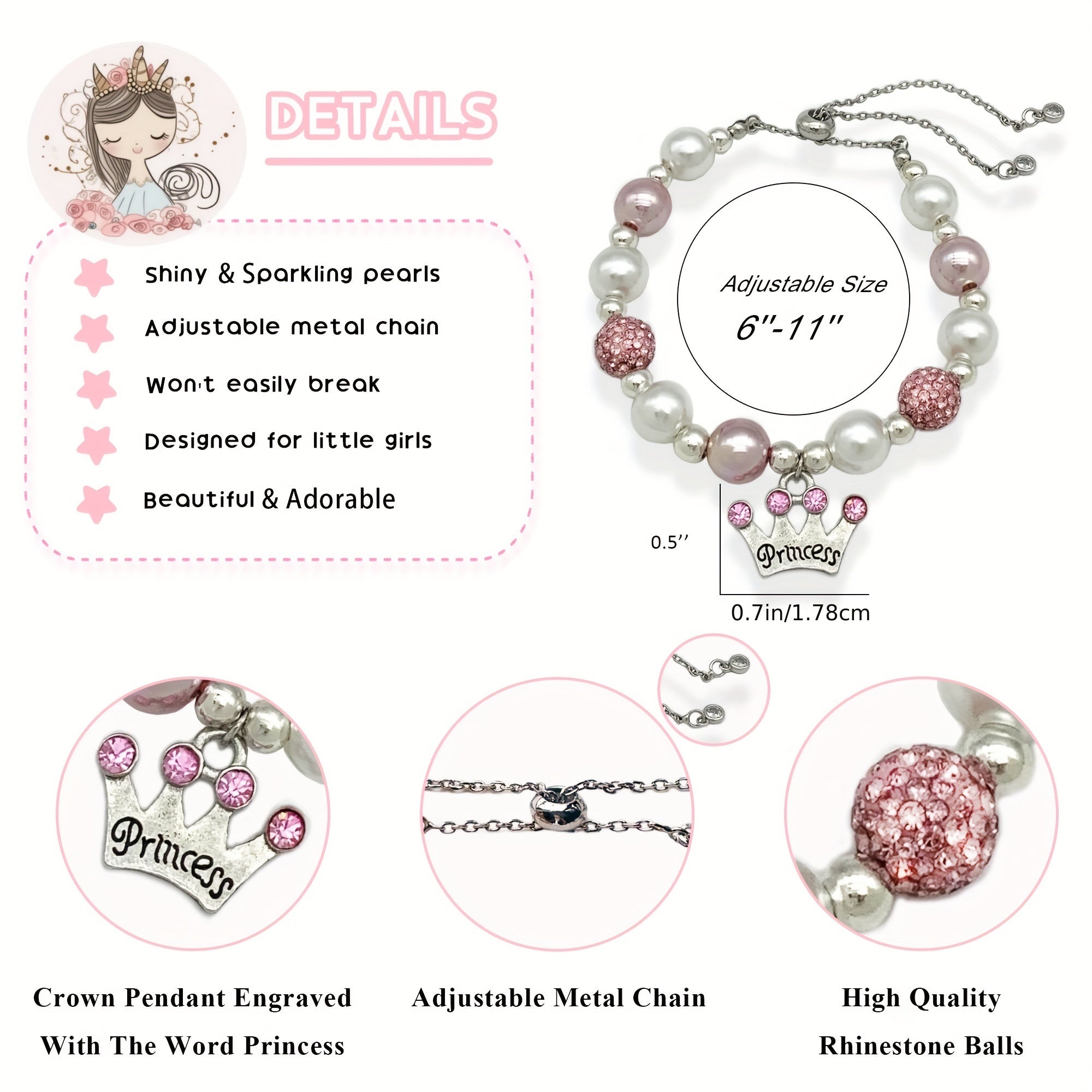 Princess Crown Charm Beaded Bracelet Gift Girls