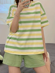Striped Pajama Set Crew Neck Top & Shorts Women's Sleepwear